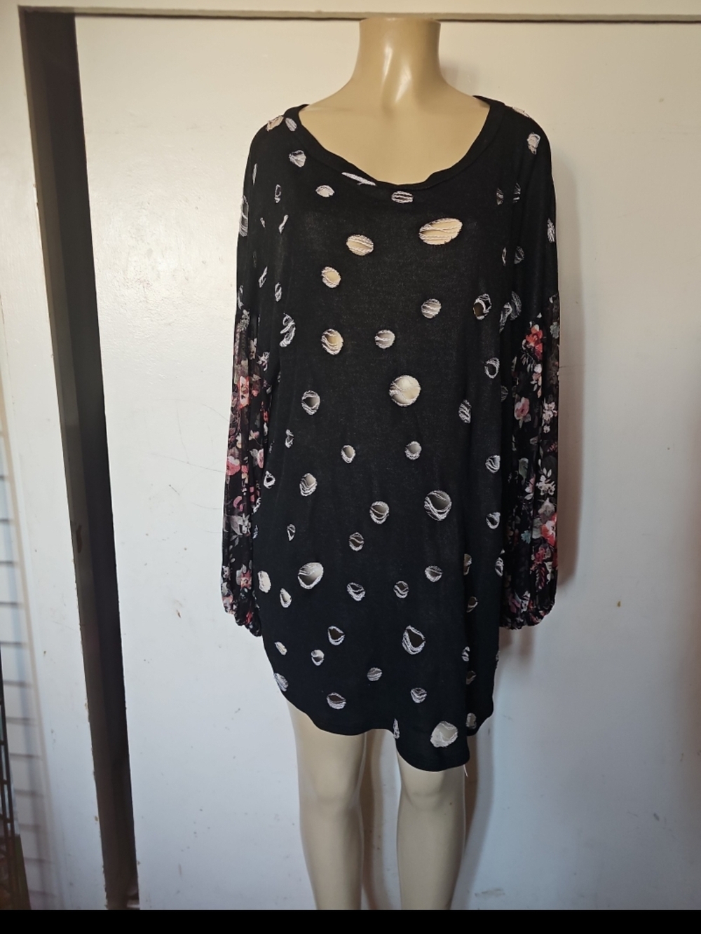 Black Distressed Tunic with Floral Sleeve Accents
